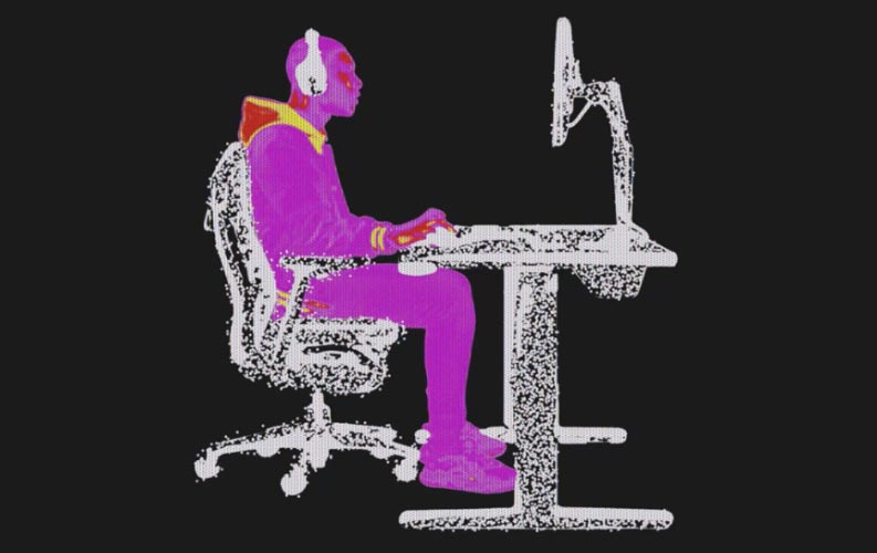 Tyylitelty kuva henkilöstä, joka istuu Herman Miller Embody -pelituolilla Nevi-pelipöydän ja Ollin-näytönjalustalla.