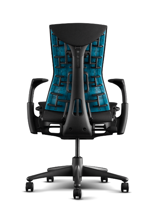Herman Miller Embody -pelituolin takanäkymä syaanin ja mustana.