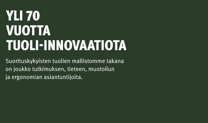 Kuva, jossa teksti kertoo yli 70 vuoden innovaatiosta istuimien alalla. Suorituskykyisten istuimien mallistomme on kehitetty monipuolisen tutkimuksen, tieteen ja ergonomian asiantuntijoiden avulla.