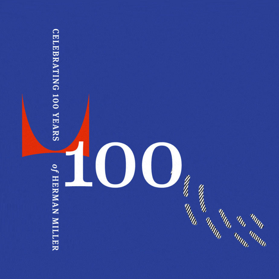 Graafinen kuva, joka juhlii Herman Millerin 100-vuotista taivalta – sininen tausta, jossa numero 100 ja teksti