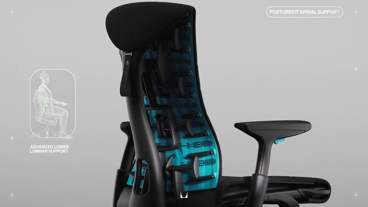 Logitech Embody -pelituoli, musta ja syaani, sivulta, päällä pieni viivapiirros tuolista ja istuvan henkilön ääriviivat sekä teksti ”advanced lower lumber support” (edistyksellinen alaselän tuki) vasemmalla ja ”Posturefit spinal support” (selkärangan tuki) kuvan oikeassa yläkulmassa