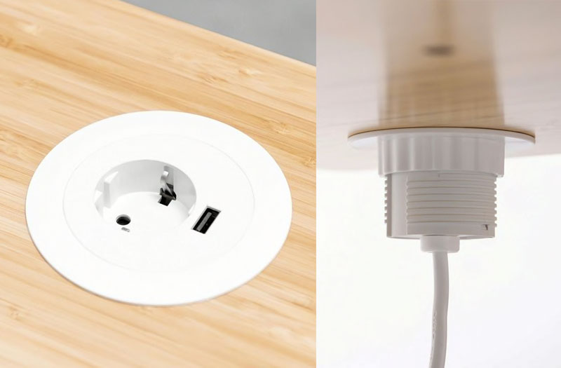Ylä- ja alakuva bambupöydän läpiviennistä, jossa on yksi pistorasia ja USB-liitin.