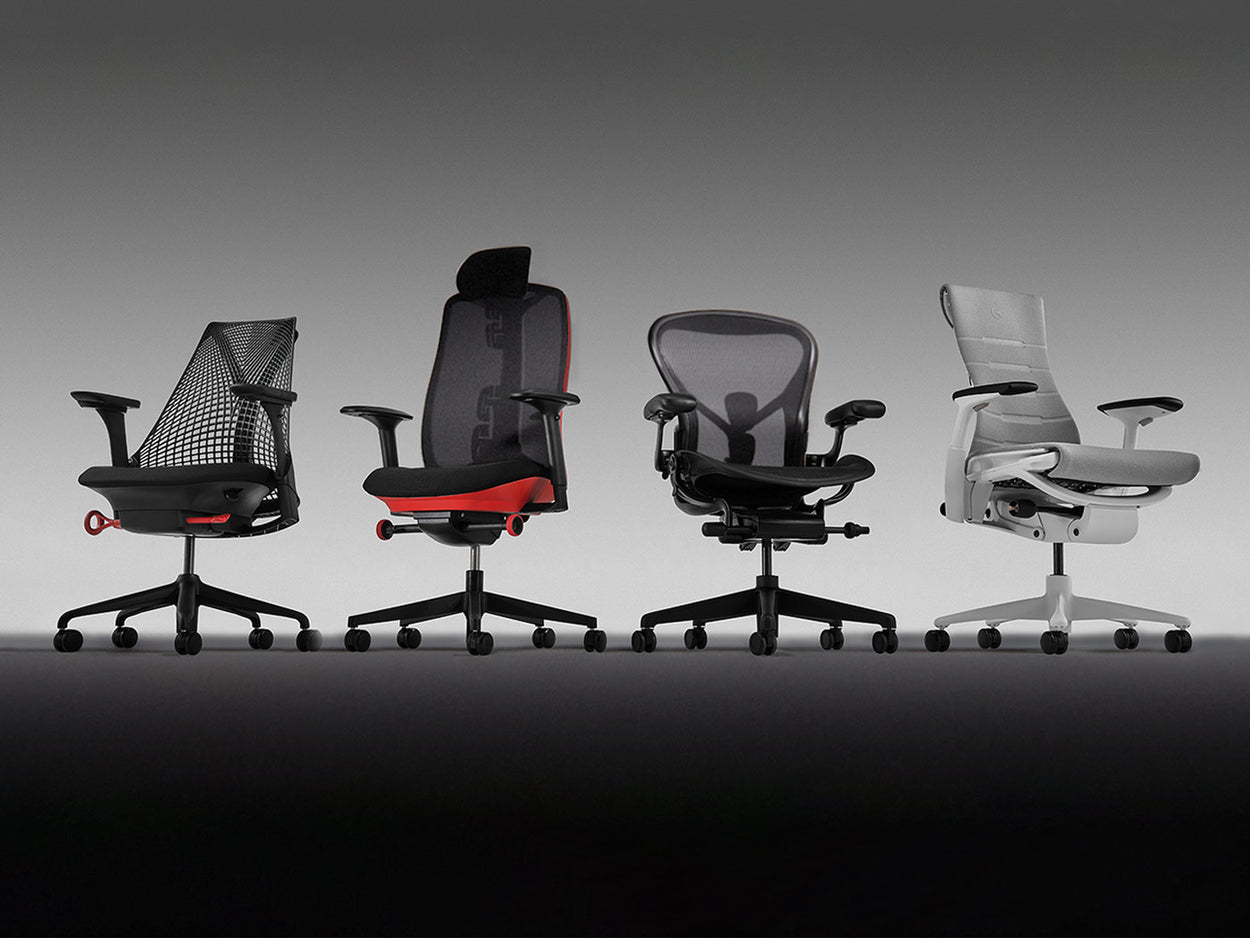 Herman Millerin ergonomisia pelituoleja 4x3-asetelmassa. Mukana mallit Sayl, Vantum, Aeron ja Embody Gaming.