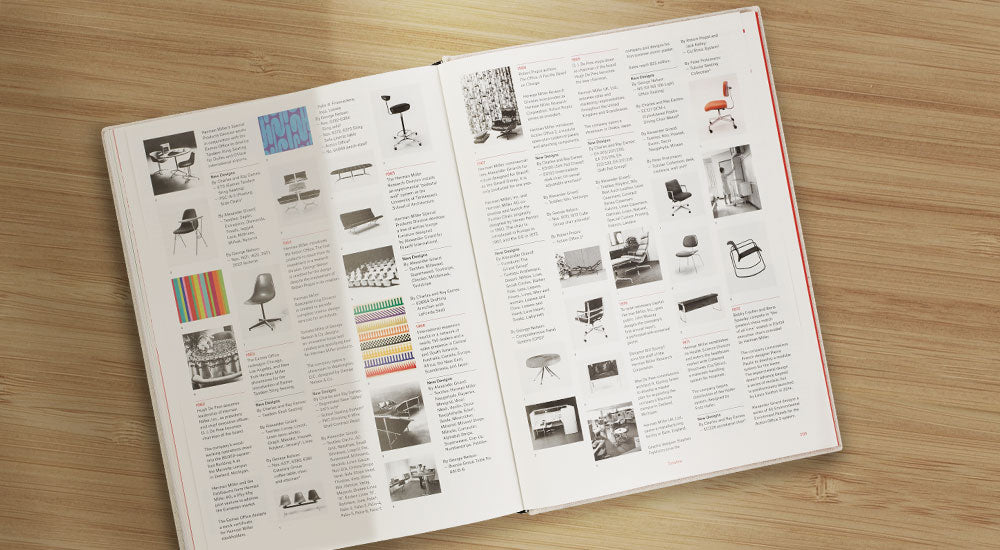 Ylhäältä katsottu kuva avatusta Herman Miller - A Way of Living -kirjasta. Sivuilla on pieniä kuvia klassisista ja innovatiivisista Herman Miller -tuotteista.